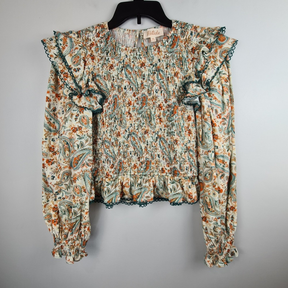 Listicle Womens Medium Smocked Paisley Ruffle Blouse Cotton Boho Crop Top Cream